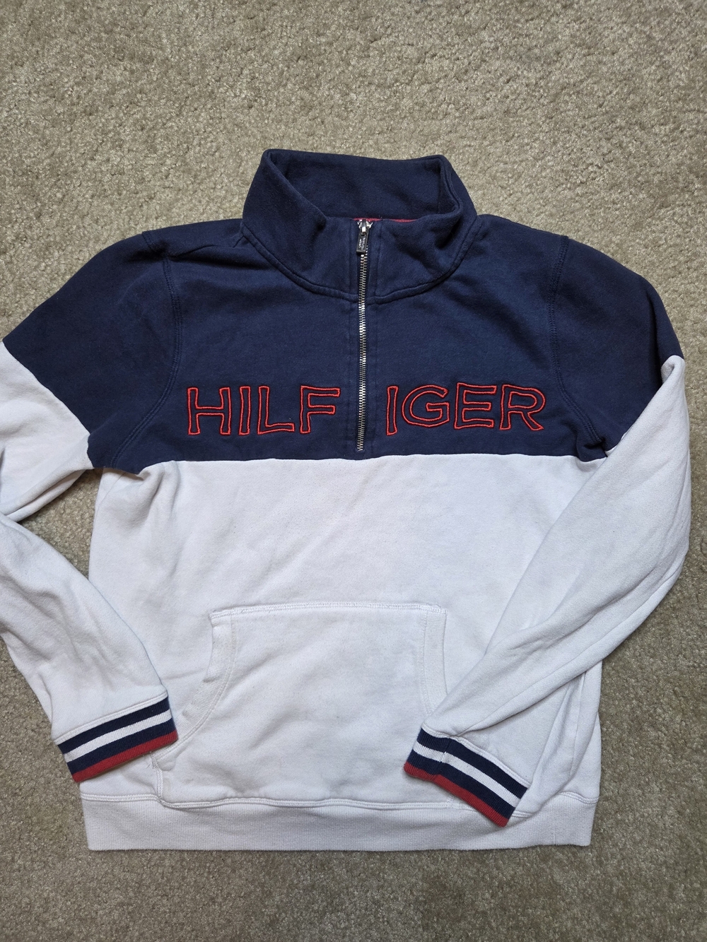 Tommy Hilfiger Colorblock 1/4 Zip Pullover Sweatshirt Navy White Womens Large